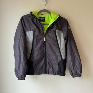 OshKosh Boys Hooded Jacket Size 10 Gray Black Neon Green Fleece Lined Coat